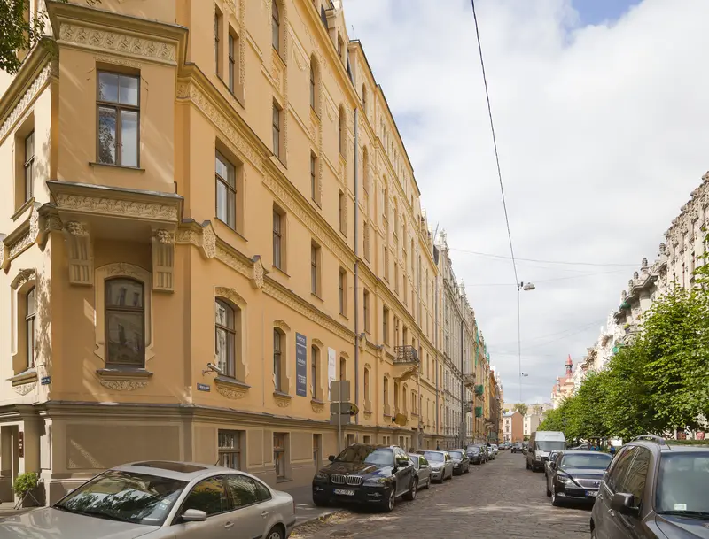 Ornate Jugendstil Art Nouveau facades lining Alberta iela in Riga's Art Nouveau district