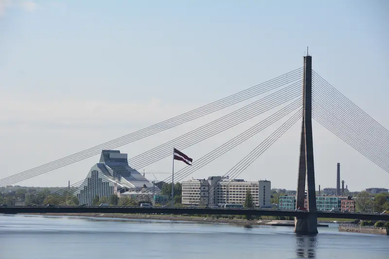 The angular Castle of Light (Gaismas pils), the National Library of Latvia, across the Daugava in Riga