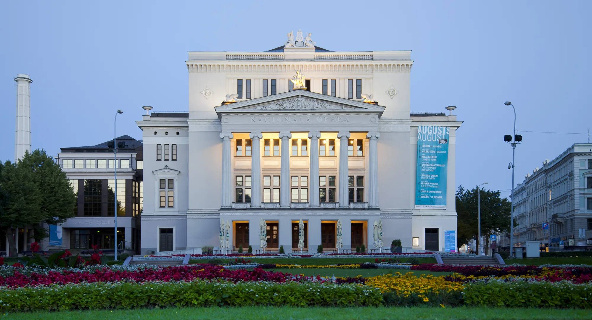 The white neoclassical Latvian National Opera house with its columned portico in central Riga