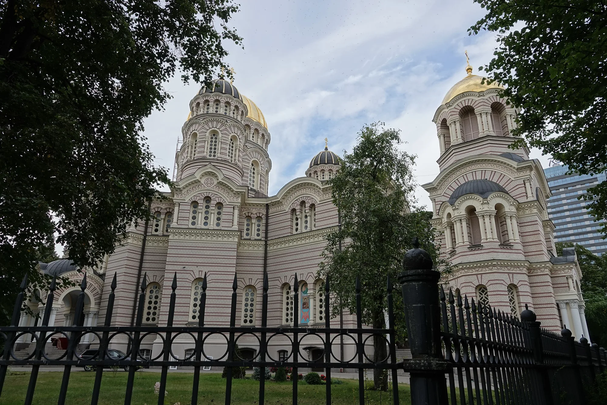 The gold-domed Nativity of Christ Orthodox Cathedral in Riga, a Byzantine-Revival church with gilded cupolas