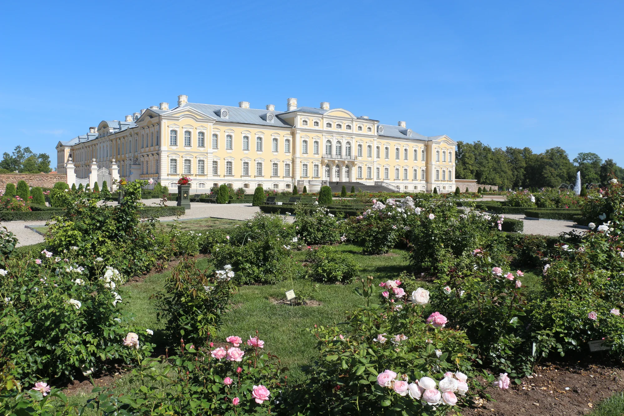 Rundale Palace, a grand yellow-and-white Baroque palace with a formal rose garden in the foreground