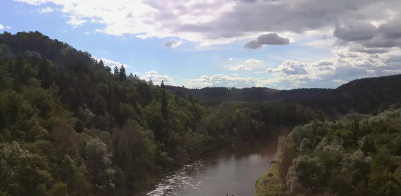 The Gauja river winding through a green forested valley at Sigulda in summer