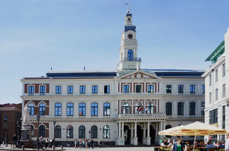 Riga Town Hall and the Roland statue on Town Hall Square (Ratslaukums) in the Old Town